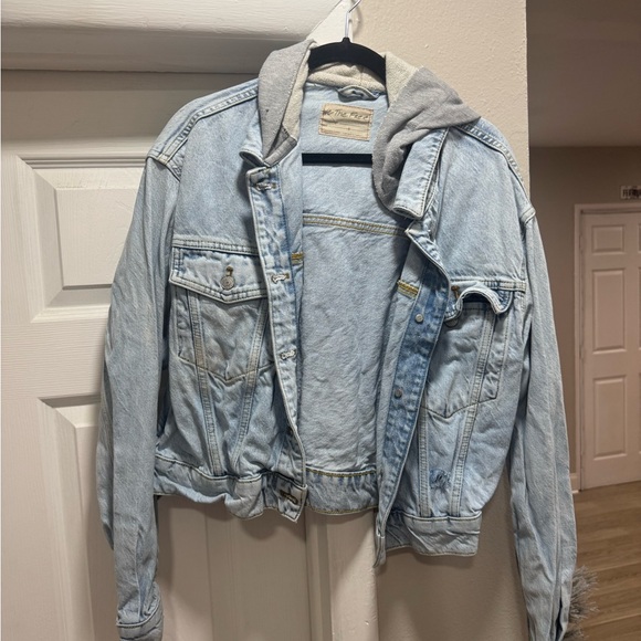 Free People Light Blue Jean Jacket with Gray Hood - Picture 2 of 3